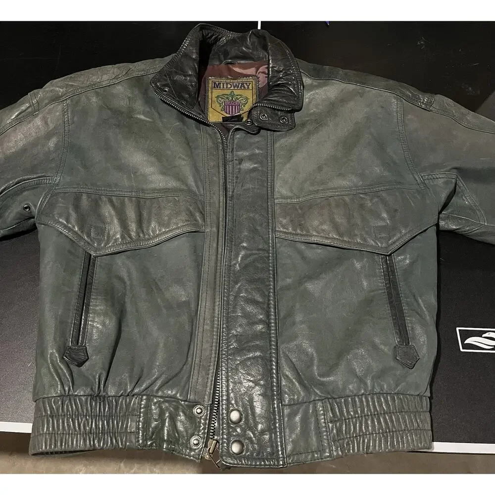 Vintage 80s Midway Leather Bomber Jacket Mens Small Sage Green Slate Flight Coat